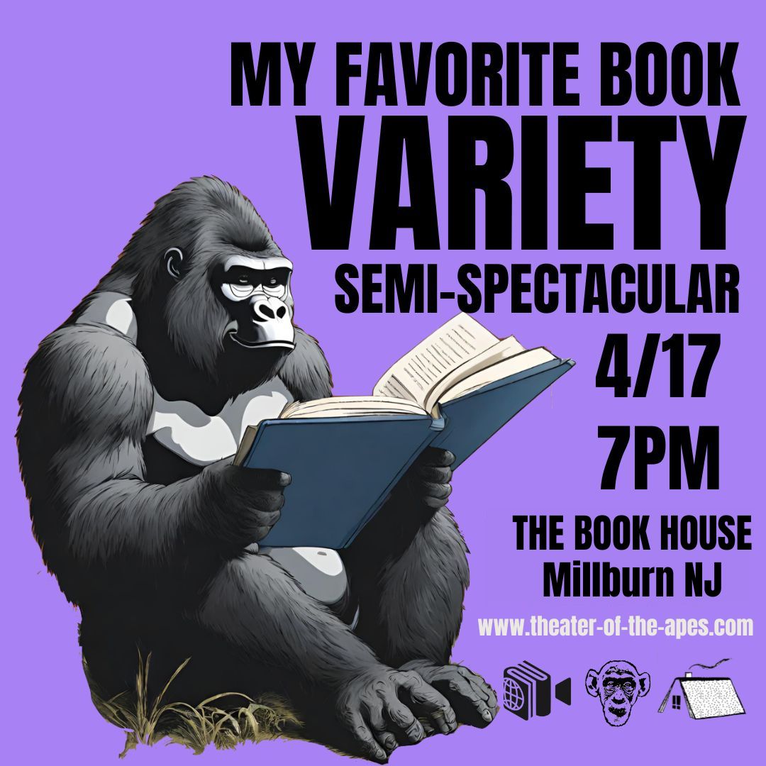 A gorilla absorbed in a book against a purple background