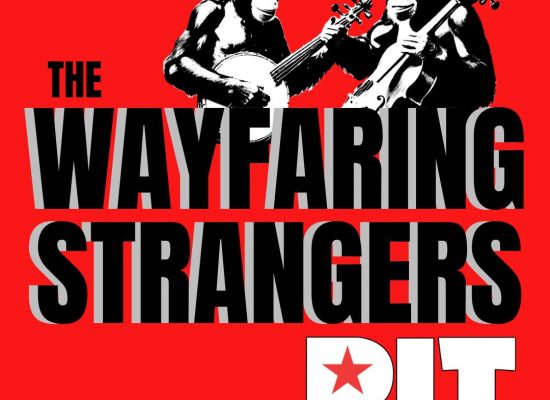 2 stencil-like chimpanzees play a fiddle and a banjo above the words "Wayfaring Strangers"